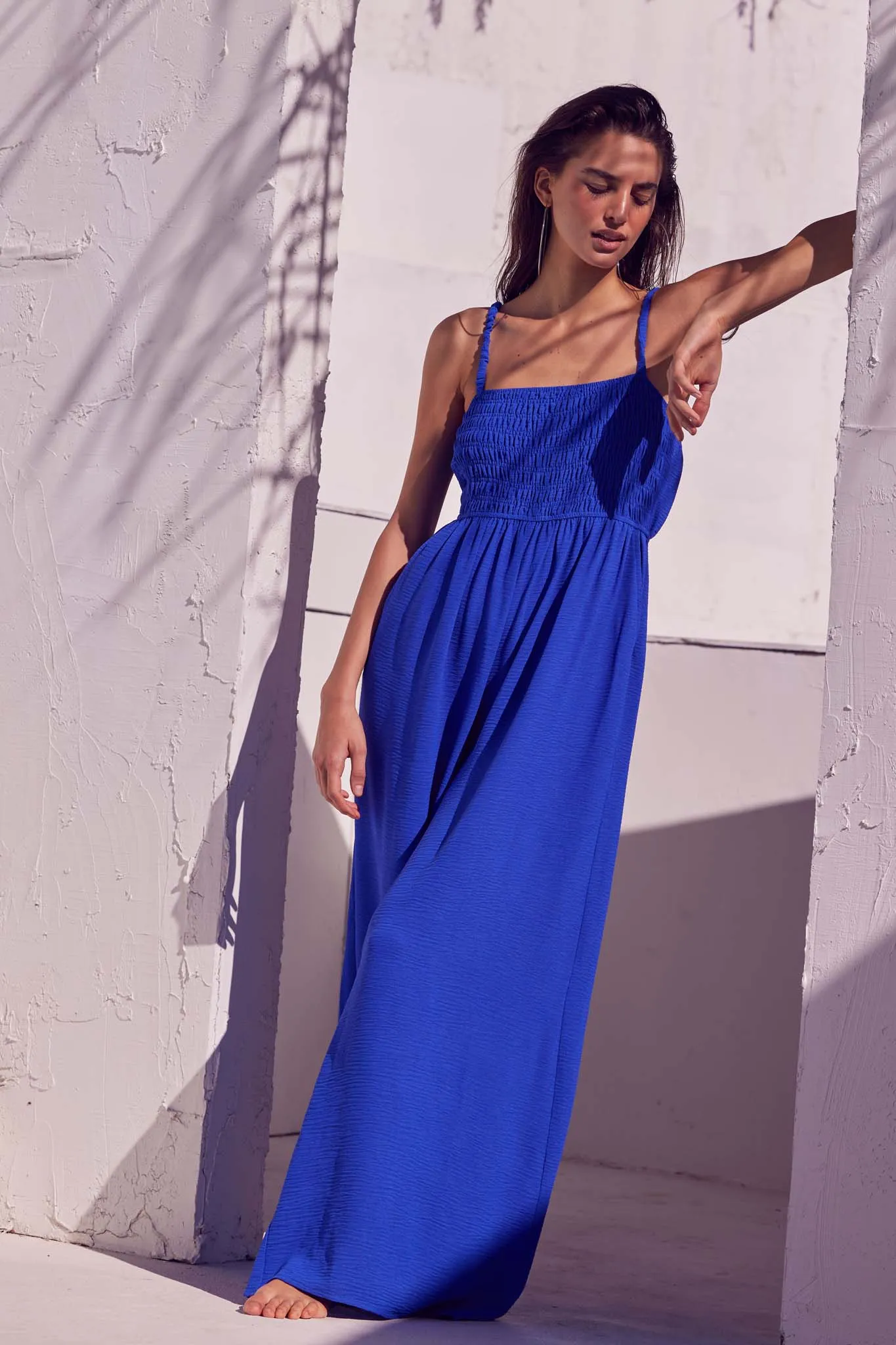 Catch Your Breath Smocked Crepe Wide-Leg Jumpsuit