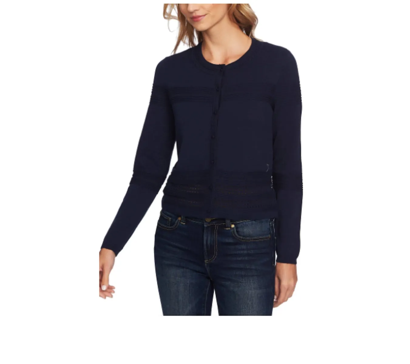 CeCe Women's Cotton Pointelle-Trimmed Cardigan Sweater, Caviar/Navy, L