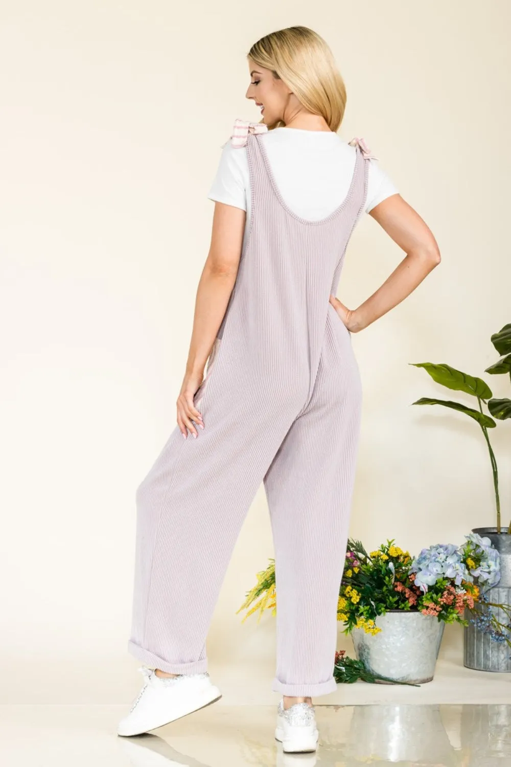 CELESTE Full Size Stripe Contrast Pocket Rib Jumpsuit