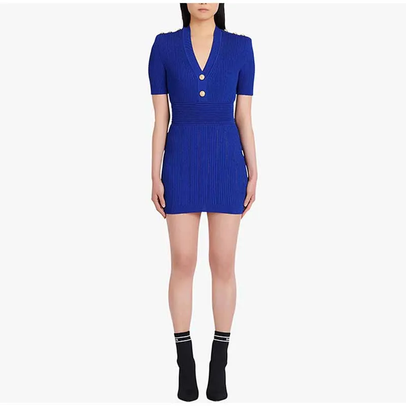 Chic Short Sleeves V Neck Rib-Knit Minidress Royal Blue Short Dress