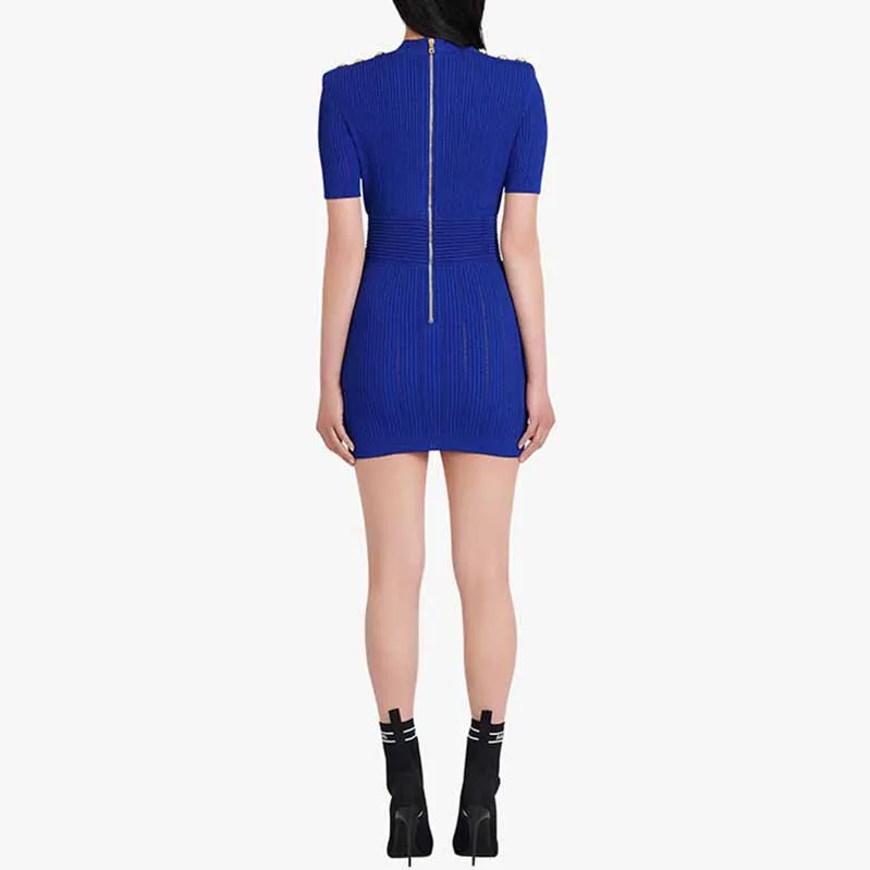 Chic Short Sleeves V Neck Rib-Knit Minidress Royal Blue Short Dress