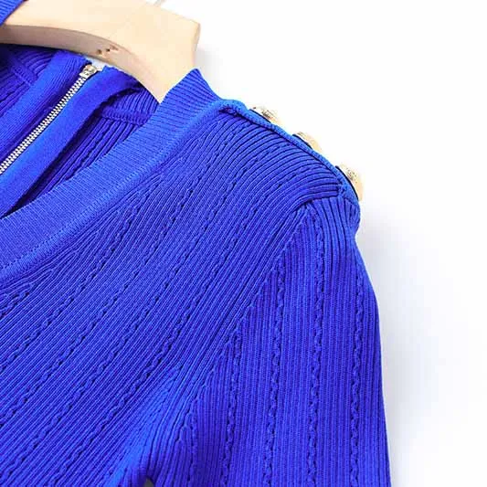 Chic Short Sleeves V Neck Rib-Knit Minidress Royal Blue Short Dress