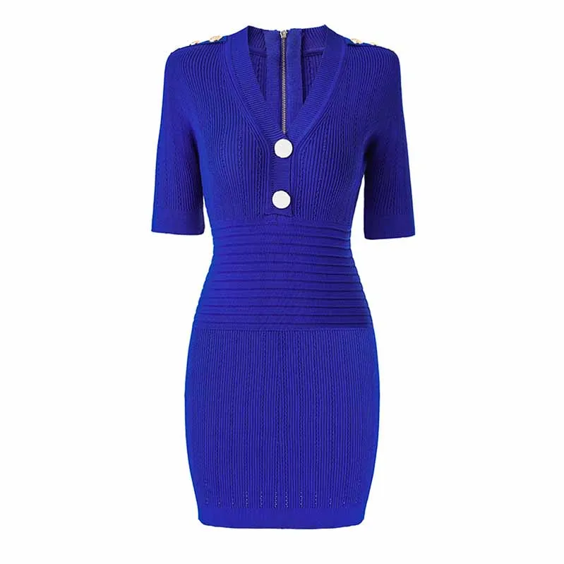 Chic Short Sleeves V Neck Rib-Knit Minidress Royal Blue Short Dress