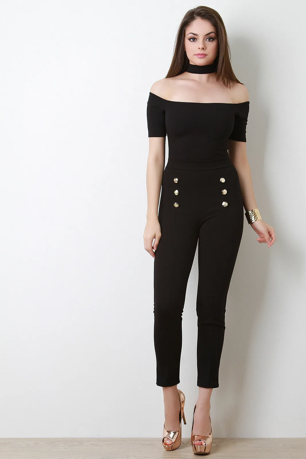 Choker Bardot Decor Button Jumpsuit