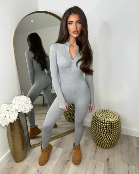 Coco Ribbed Zip front Jumpsuit- Light Grey