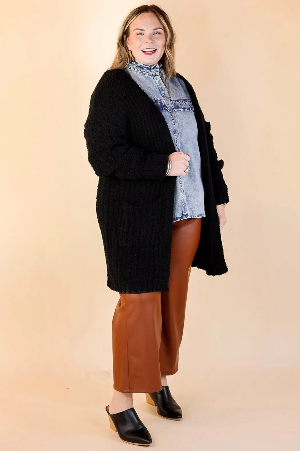 Cold Brew And Cuddles Long Sleeve Cardigan with Pockets in Black