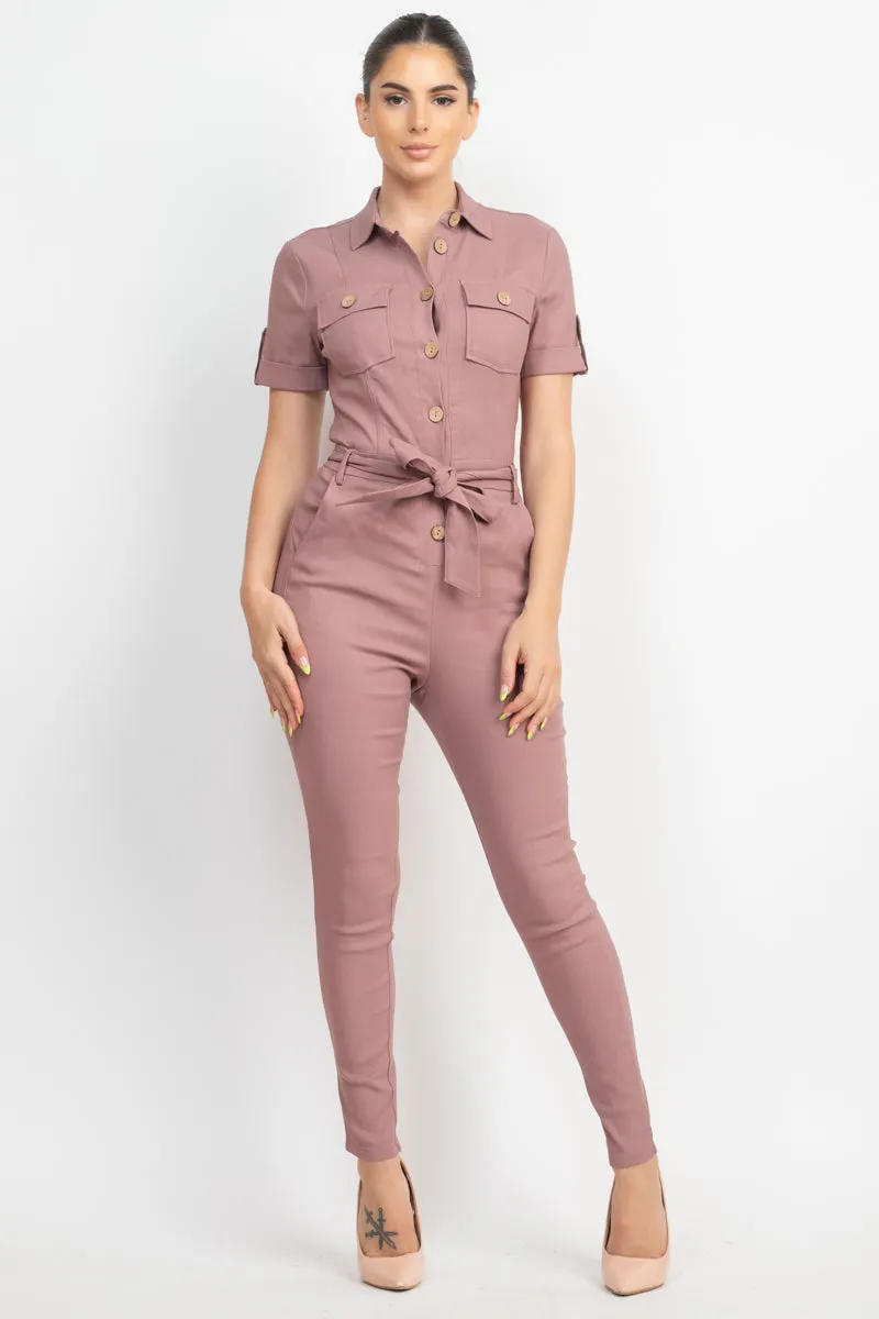 COLLARED WAIST TIE BUTTONED JUMPSUIT