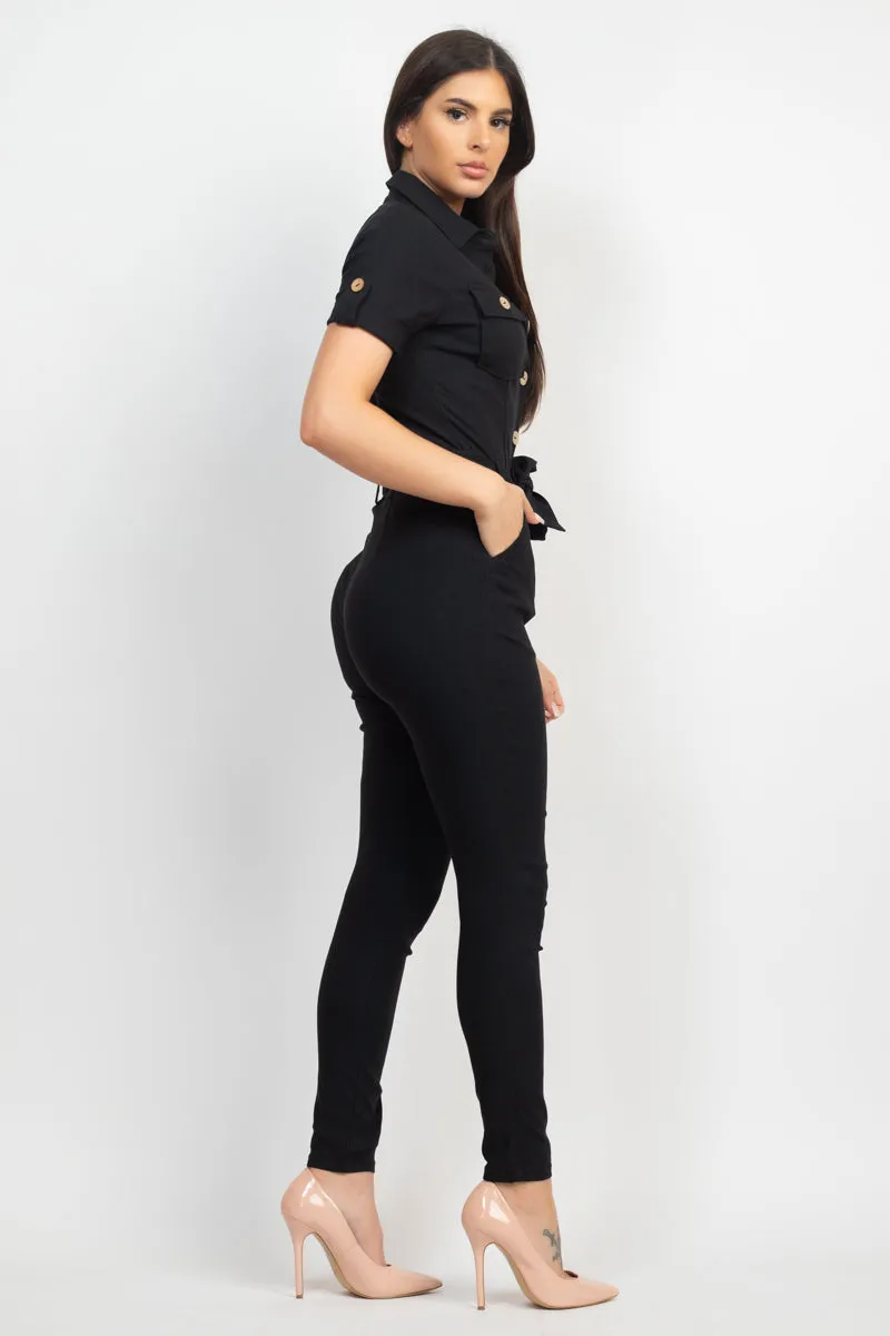 COLLARED WAIST TIE BUTTONED JUMPSUIT