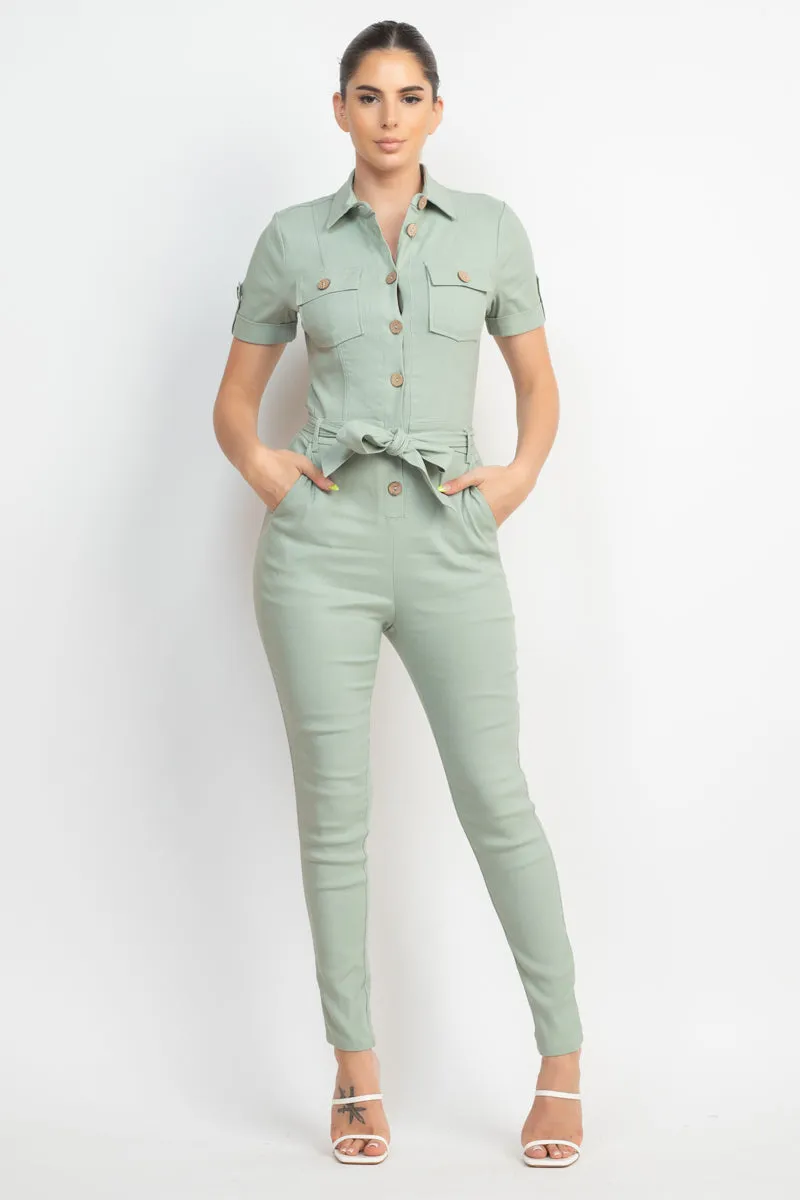 COLLARED WAIST TIE BUTTONED JUMPSUIT