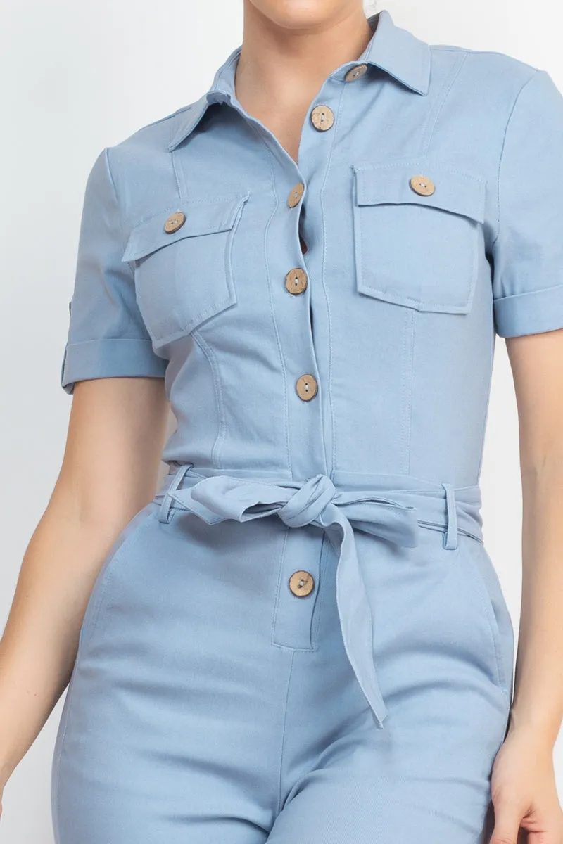 COLLARED WAIST TIE BUTTONED JUMPSUIT