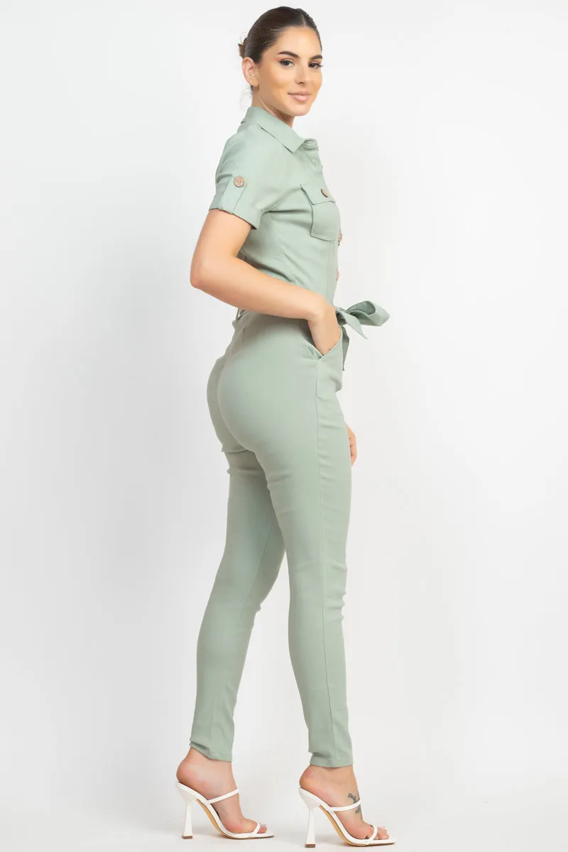 COLLARED WAIST TIE BUTTONED JUMPSUIT