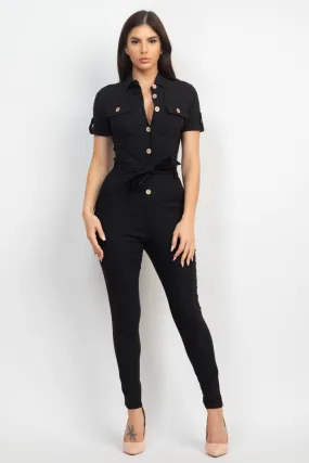 COLLARED WAIST TIE BUTTONED JUMPSUIT