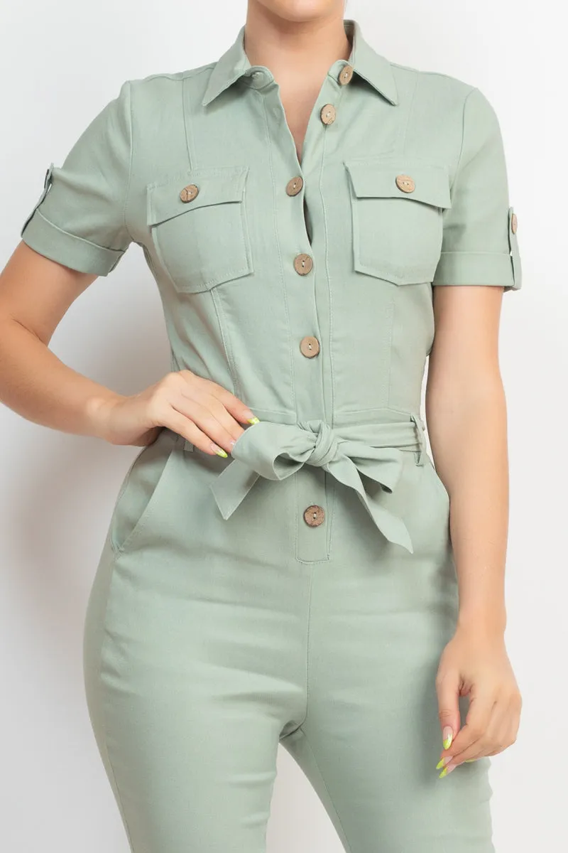 COLLARED WAIST TIE BUTTONED JUMPSUIT