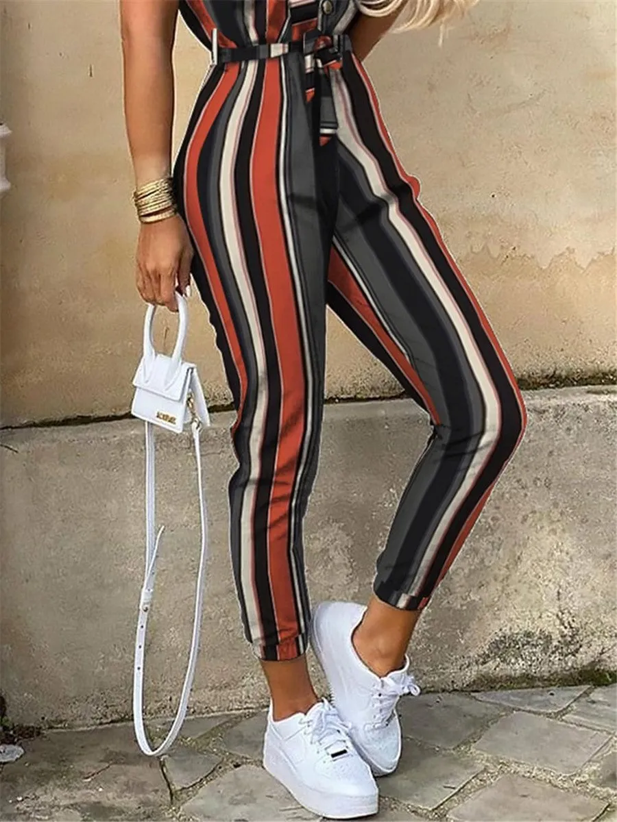 Color Striped Short Sleeve Jumpsuit