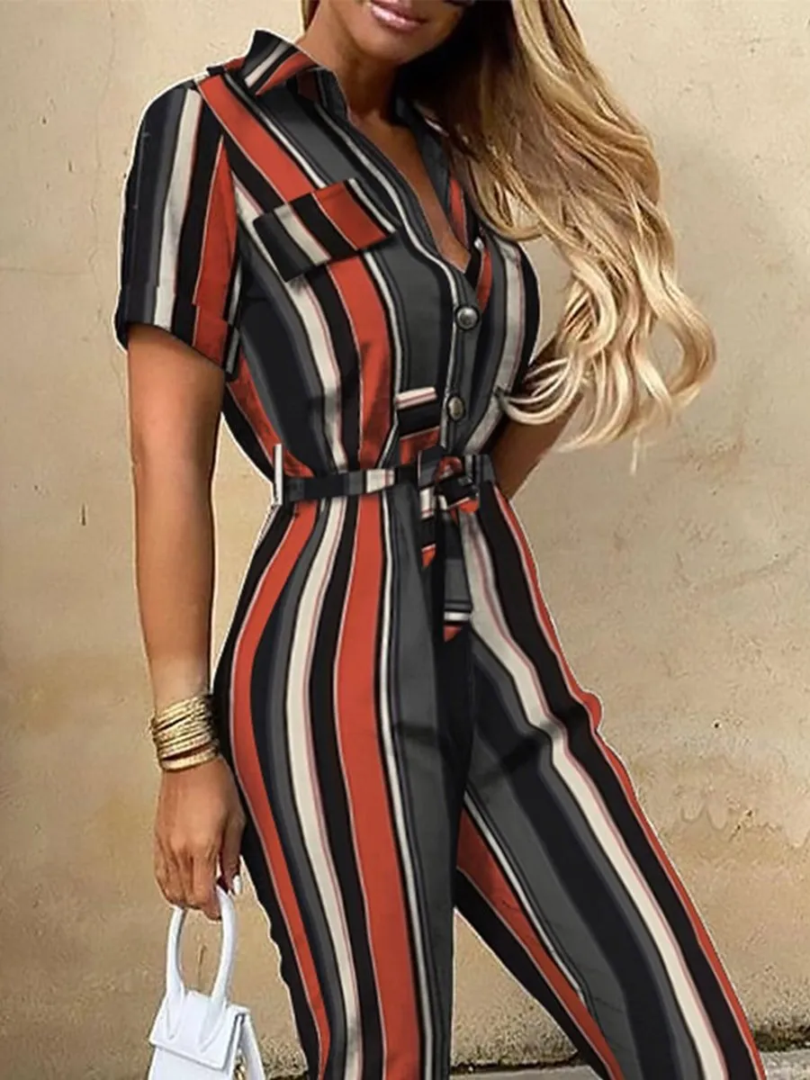 Color Striped Short Sleeve Jumpsuit