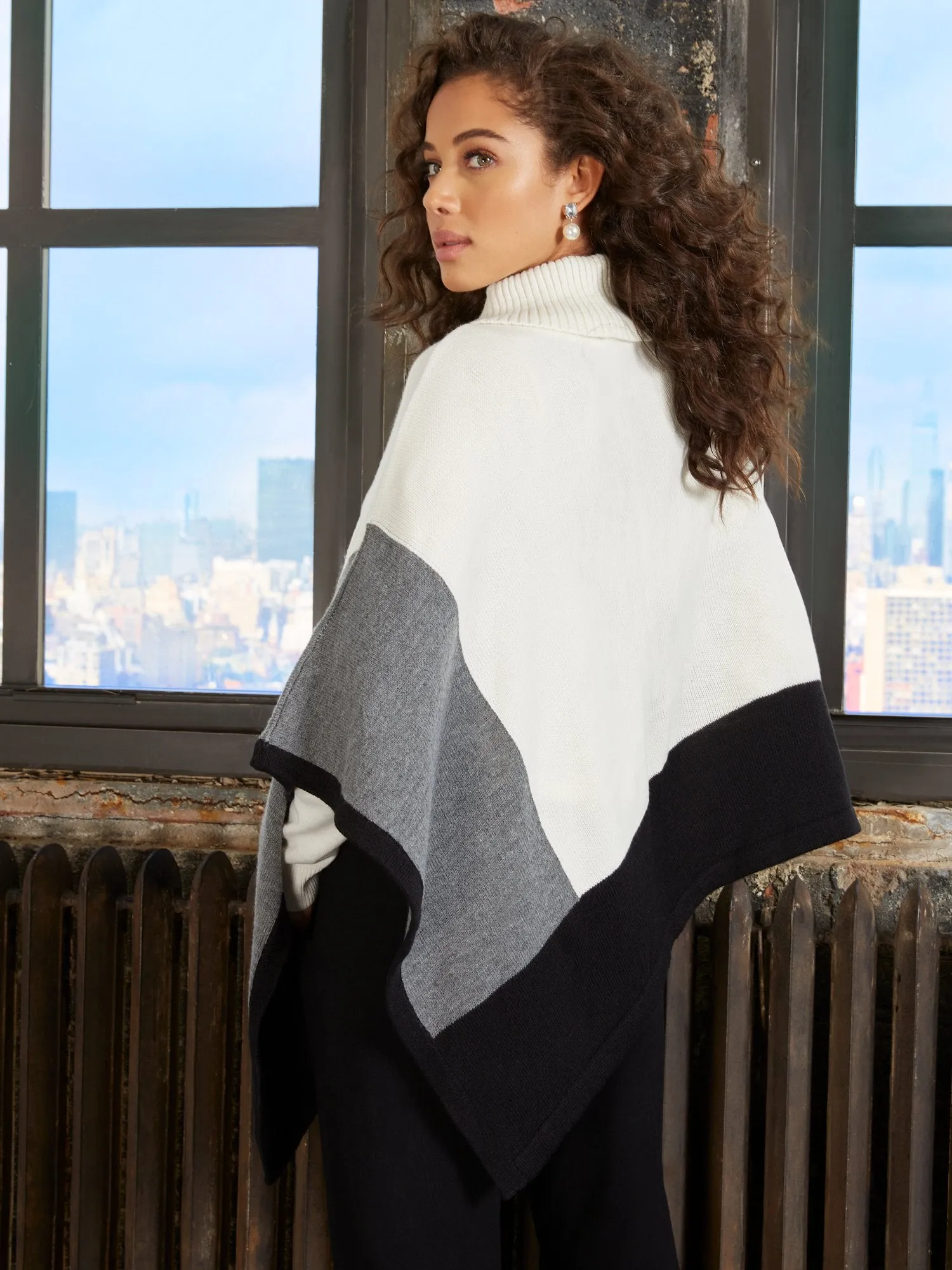 Colorblock Cable-Knit Button-Detail Cape