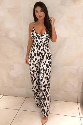 Cream Animal Print V Neck Jumpsuit