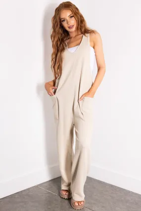 Cream Textured Knit Sleeveless Slouchy Jumpsuit