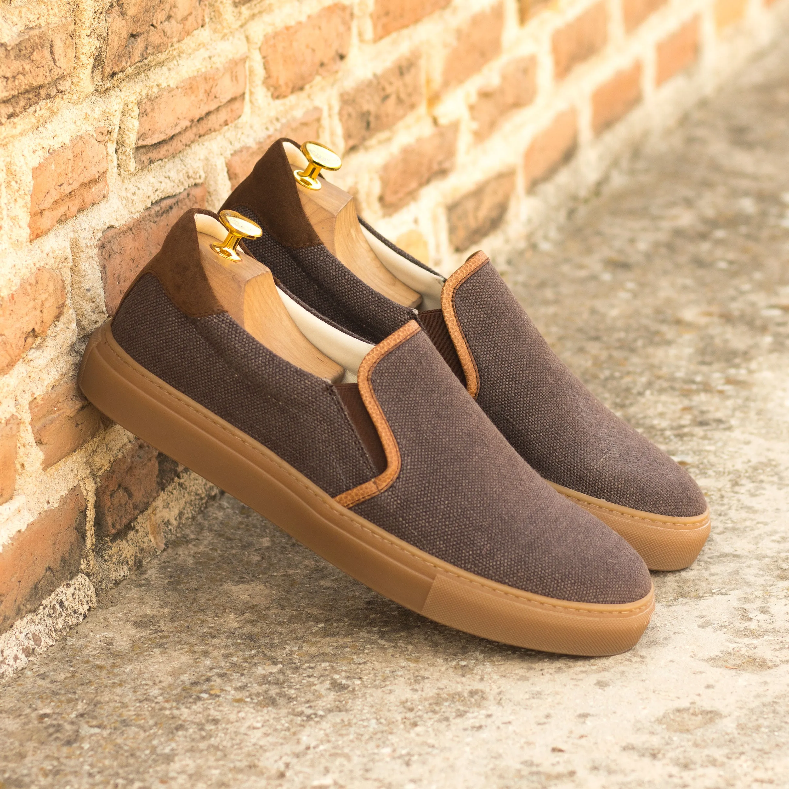 DapperFam Versado in Brown / Med Brown Men's Linen & Lux Suede Slip On