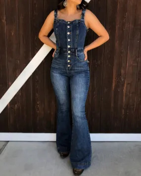 Denim Flare Jumpsuit With Button Front Detail