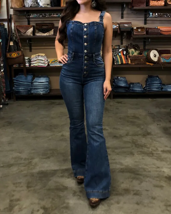 Denim Flare Jumpsuit With Button Front Detail