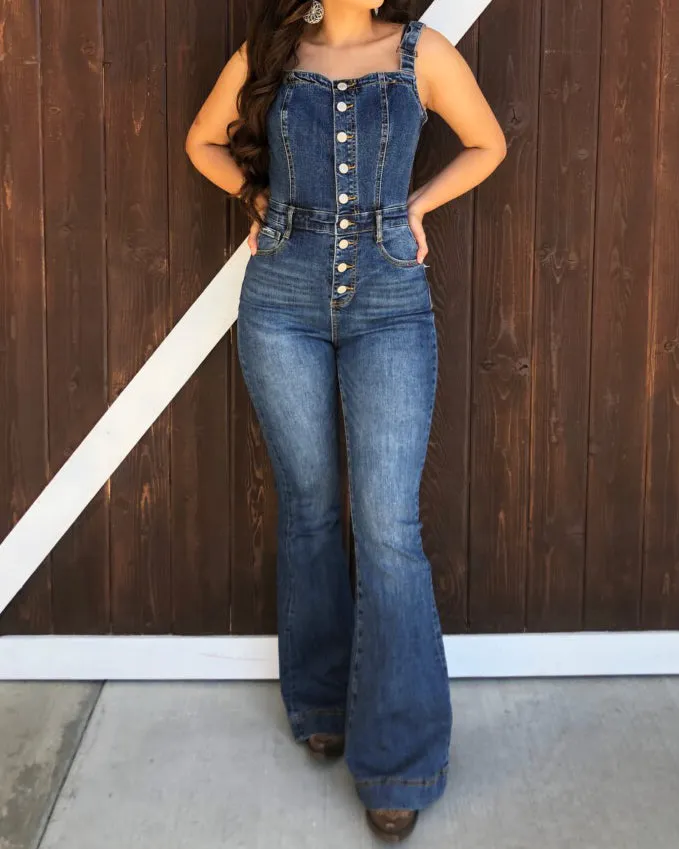 Denim Flare Jumpsuit With Button Front Detail