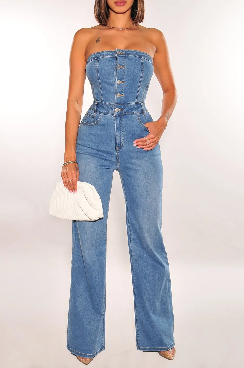 Denim Strapless Button Up Flared Leg Jumpsuit