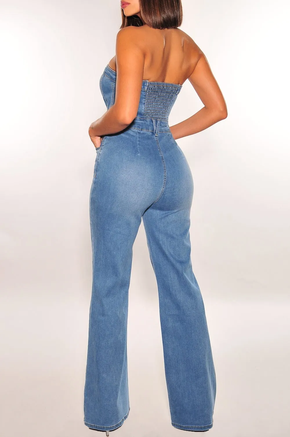 Denim Strapless Button Up Flared Leg Jumpsuit