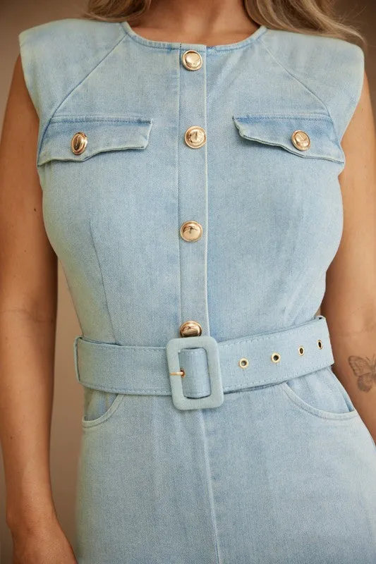 Denim Washed Denim Stretch Fashion Jumpsuit