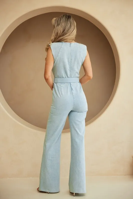 Denim Washed Denim Stretch Fashion Jumpsuit