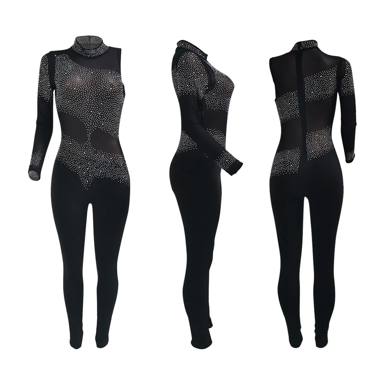 Diamond Decor Sexy Mesh Women Jumpsuit