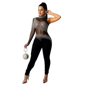 Diamond Decor Sexy Mesh Women Jumpsuit