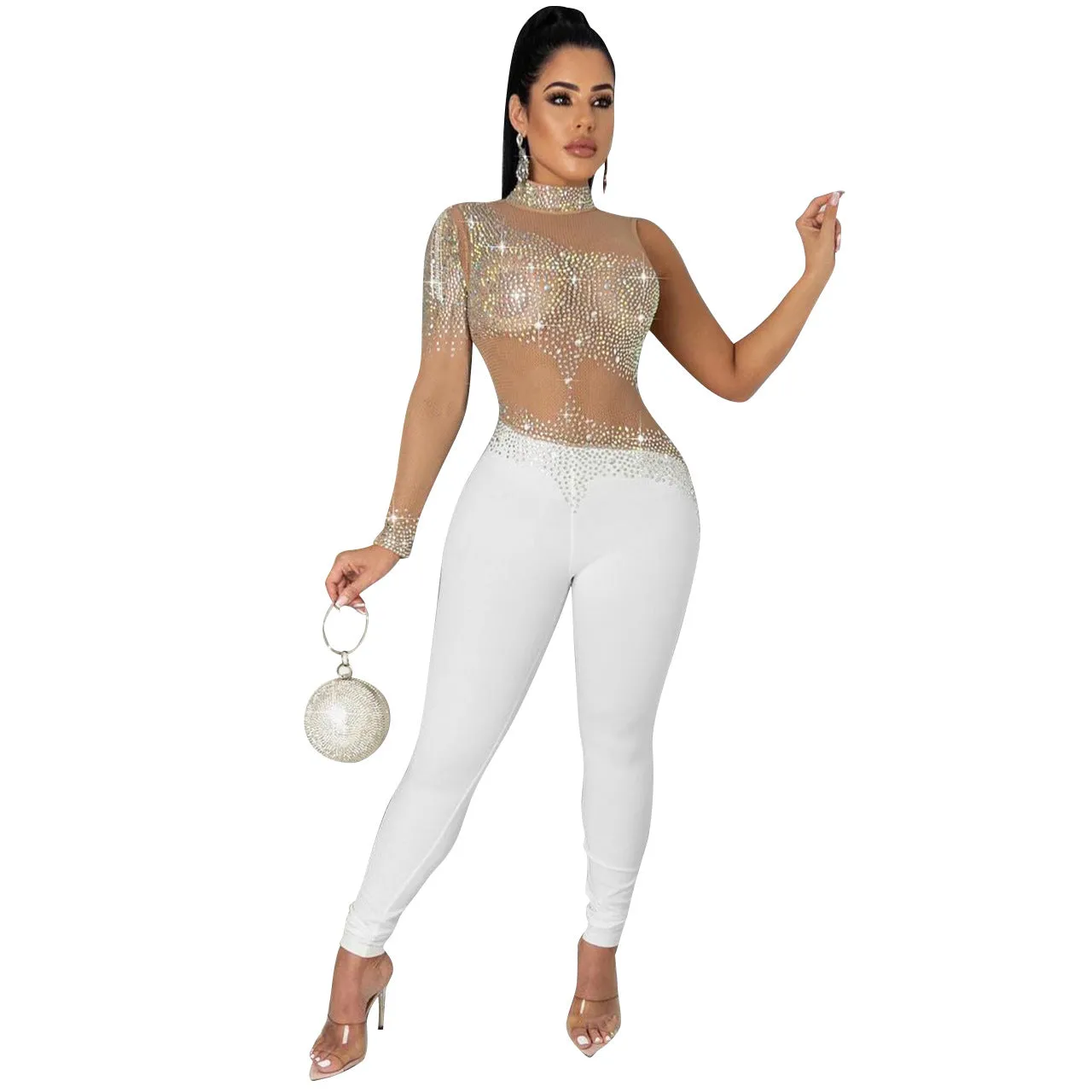 Diamond Decor Sexy Mesh Women Jumpsuit