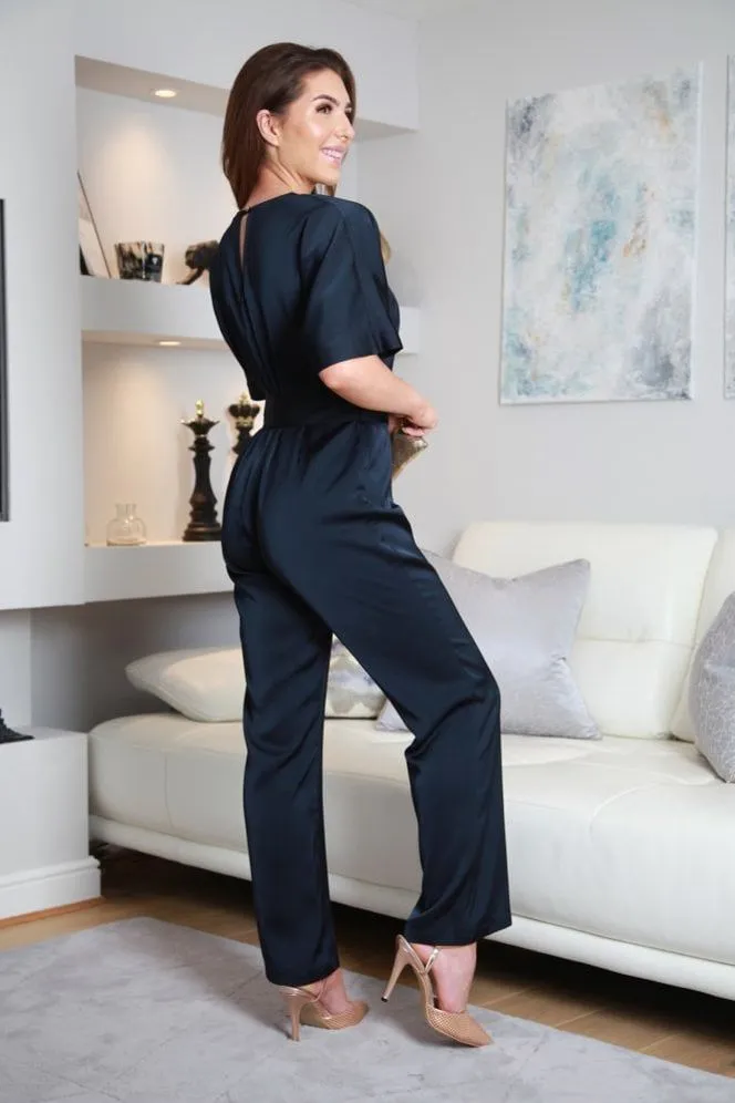 Double Second Navy Satin V-Neck Jumpsuit