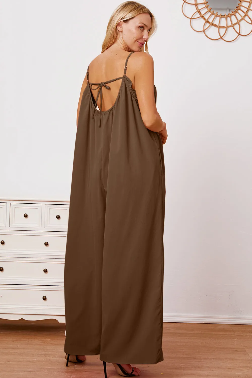 Double Take Full Size Ruffle Trim Tie Back Cami Jumpsuit with Pockets