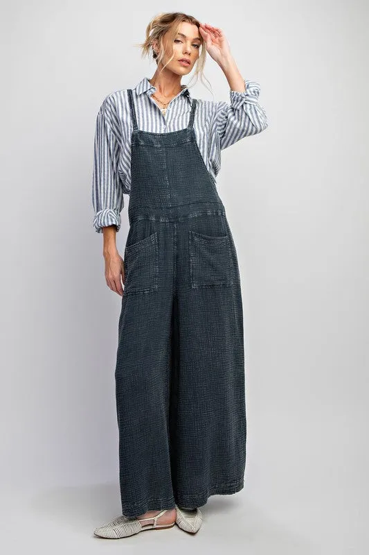 Easel Plus Size Washed cotton jumpsuit/ Overalls in faded denim