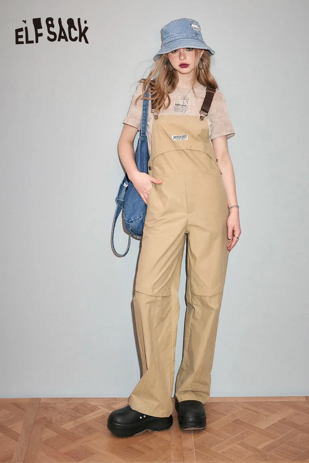 ELFSACK American Retro Straight Strap Pants for Women's Spring 2024 New Slimming Casual Work jumpsuit