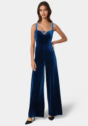 Embellished Neckline Ultra Wide Leg Jumpsuit