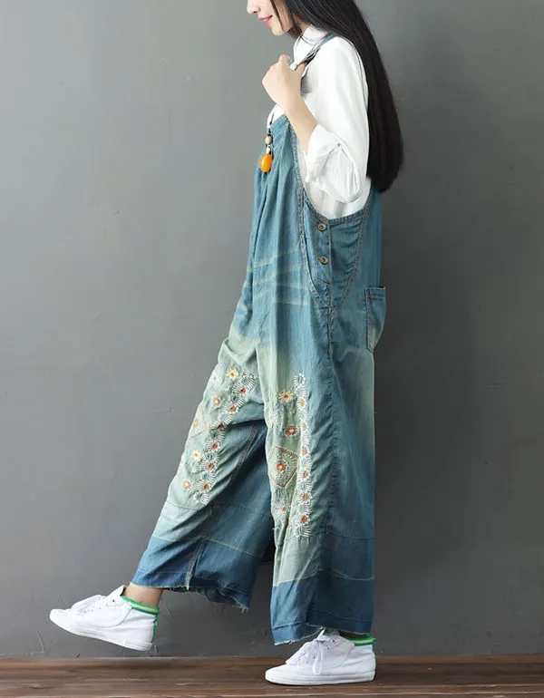 Embroidery Wide Leg Denim Overalls Loose Retro Jumpsuit