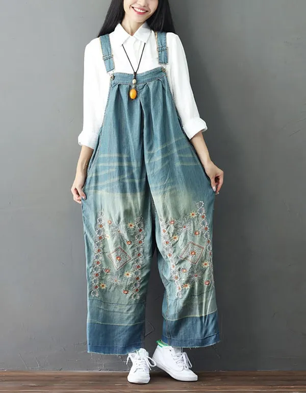 Embroidery Wide Leg Denim Overalls Loose Retro Jumpsuit