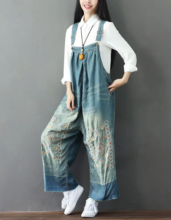 Embroidery Wide Leg Denim Overalls Loose Retro Jumpsuit