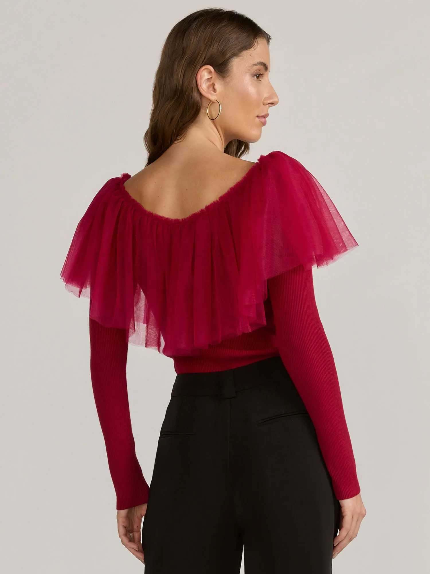 English Factory Long Sleeve V-Neck Tulle Sweater - Brands We Love