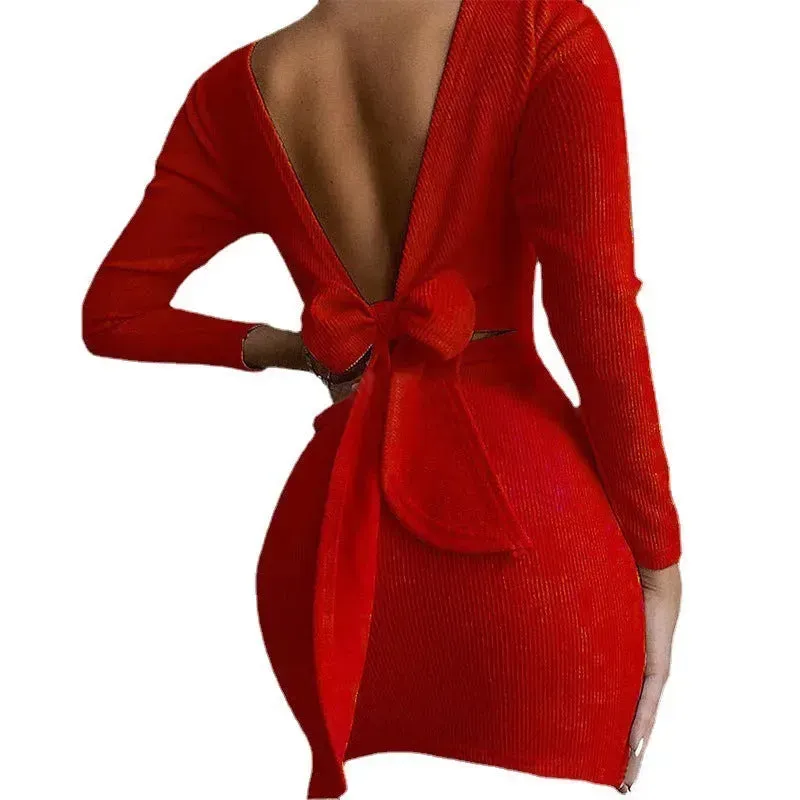 European And American Cross-border Bow Halter Long Sleeve Mini Dress