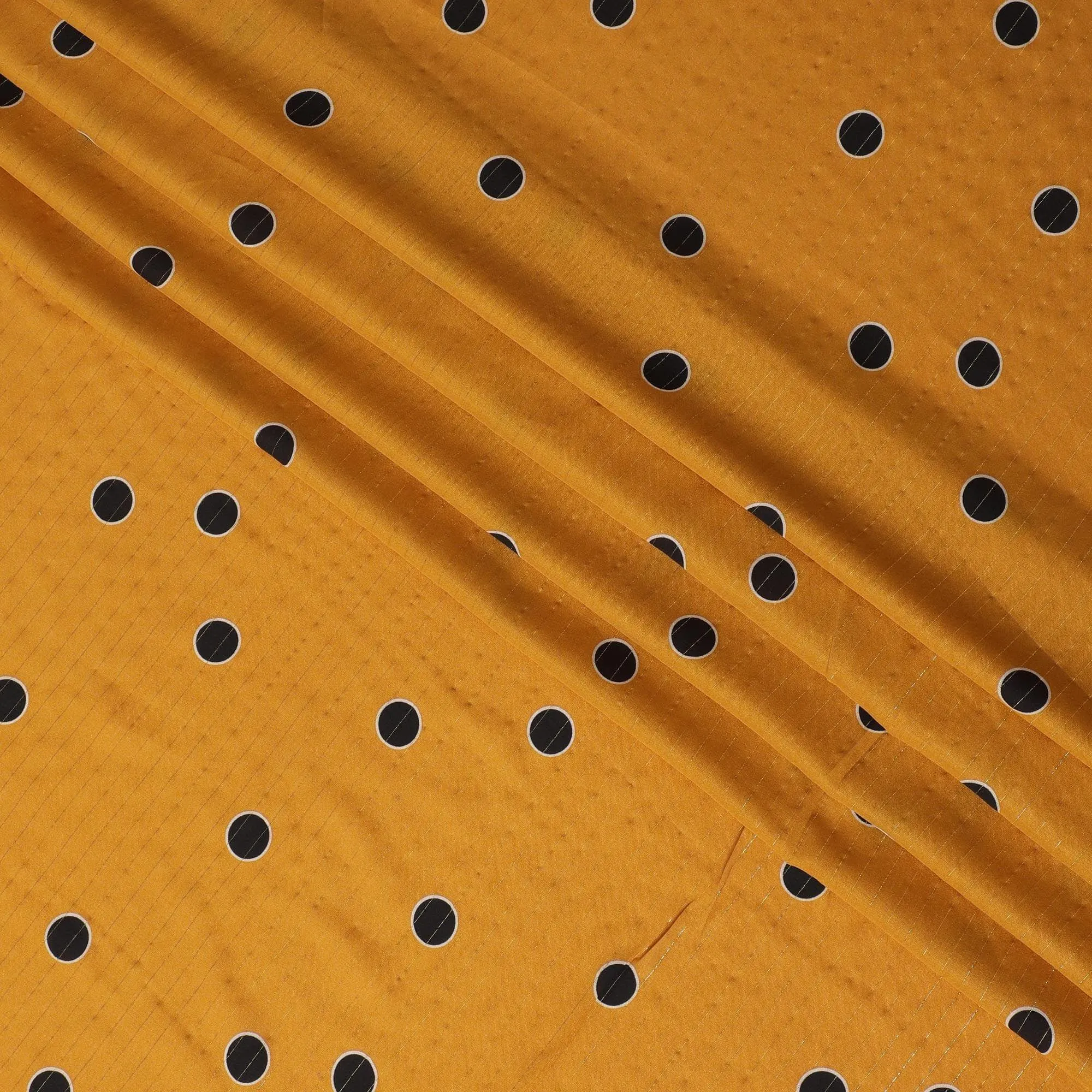 Fire yellow viscose crepe printed fabric with golden lurex in polka dot design-D11169