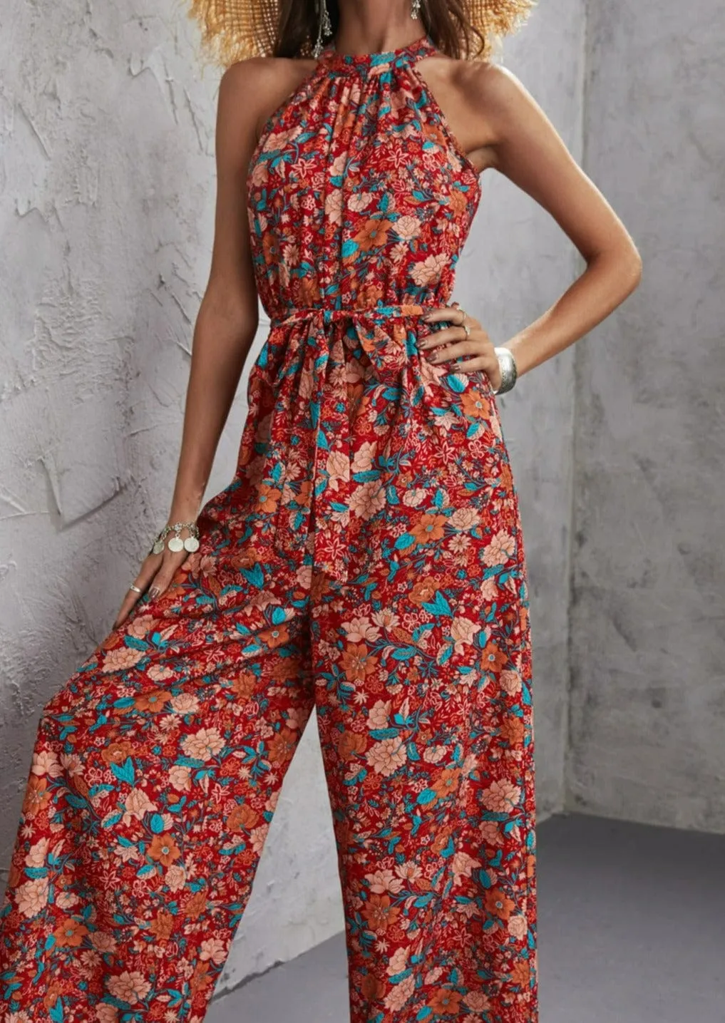 Floral Print Halter Neck Jumpsuit