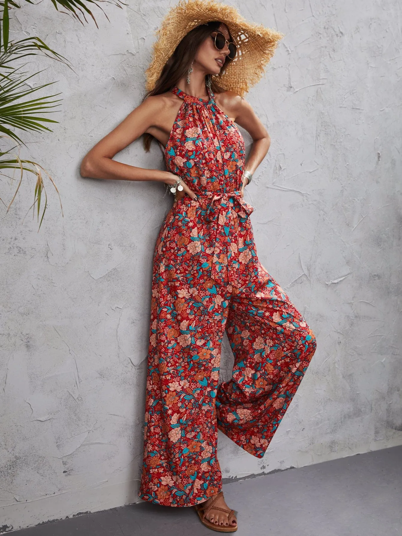 Floral Print Halter Neck Jumpsuit