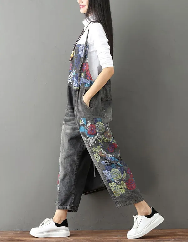 Flower Printed Denim Overalls Loose Retro Jumpsuit