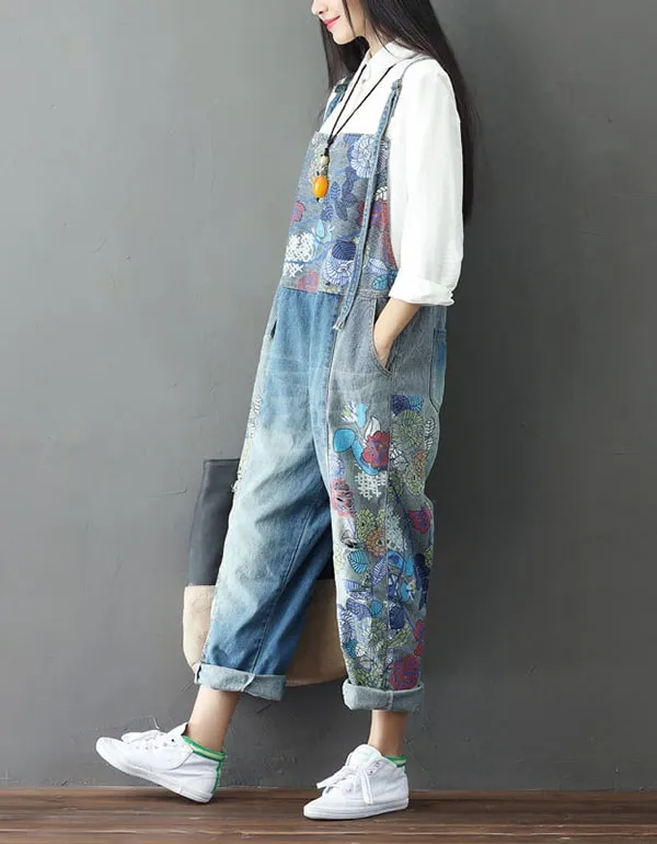 Flower Printed Denim Overalls Loose Retro Jumpsuit