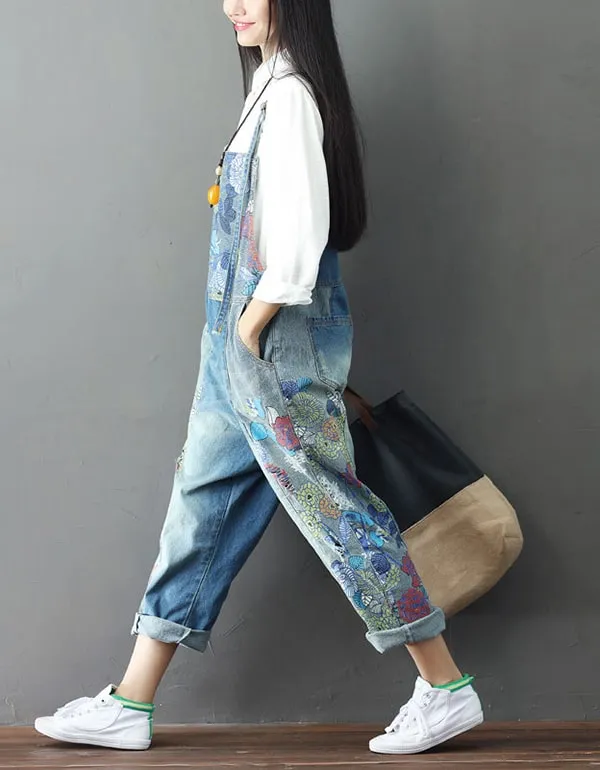 Flower Printed Denim Overalls Loose Retro Jumpsuit