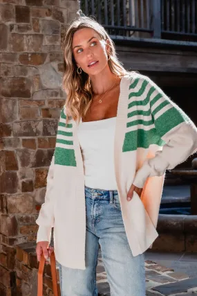 Fuzzy Half Striped Open Front Cardigan - Cream